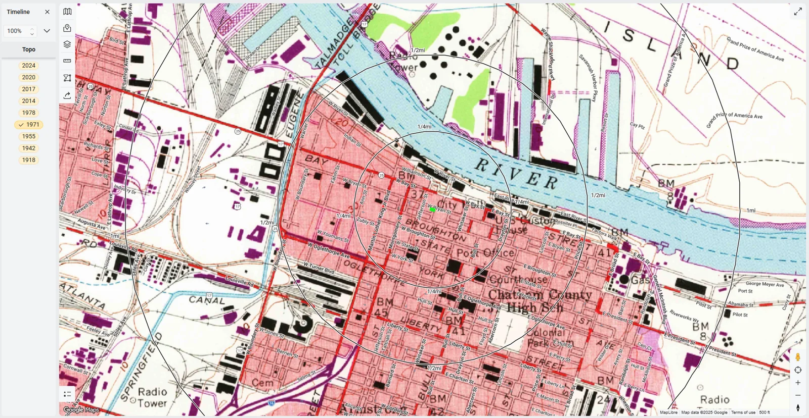 A historical topographic map beside current property data in LightBox Live.