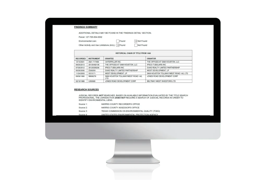 Environmental lien and activity use limitation search report displayed for property compliance review
