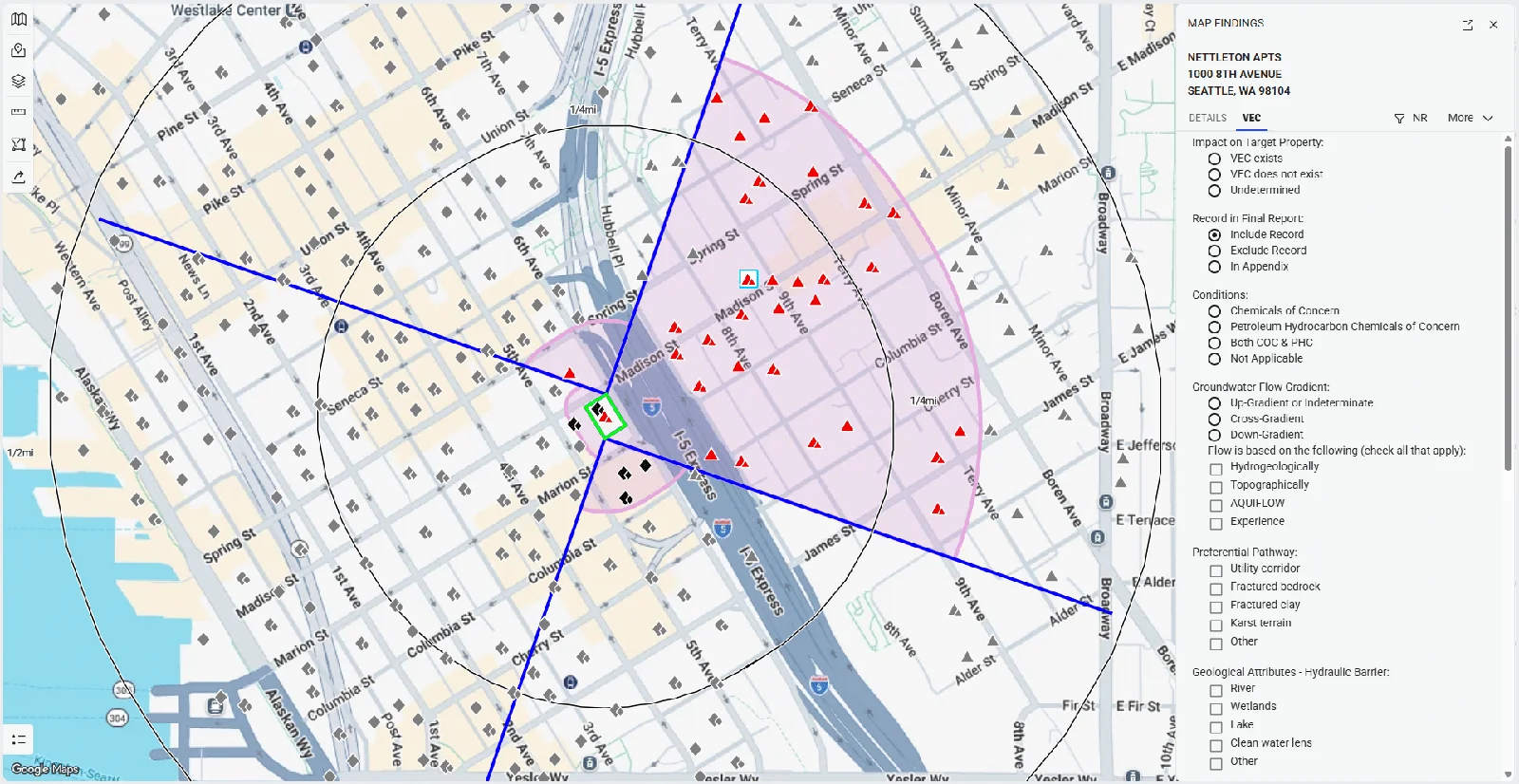 The Vapor Encroachment Condition app open over the LightBox Live map.
