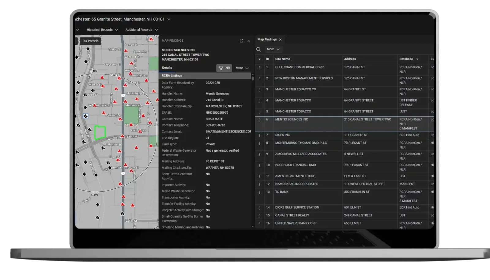 An EDR Radius Map report open on a laptop, with mapped environmental records around the subject property.