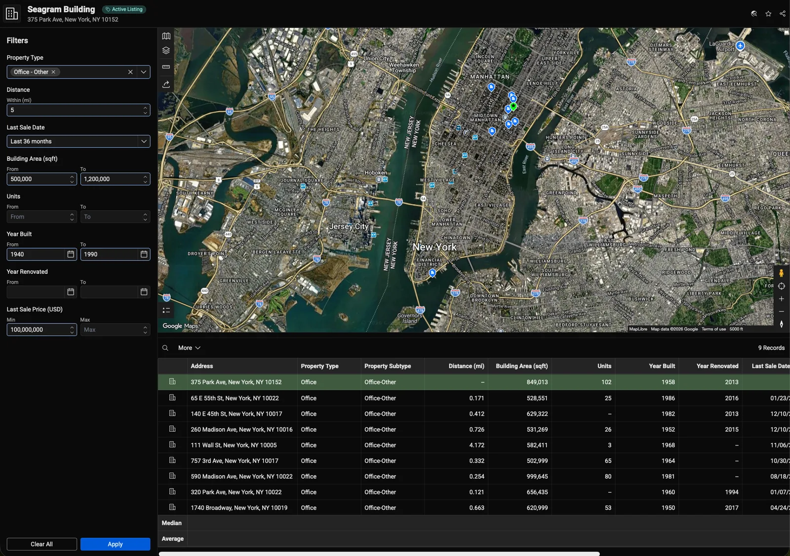 LightBox Live comparable sales for the Seagram Building: a map of nearby sales beside a table of comparable transactions.