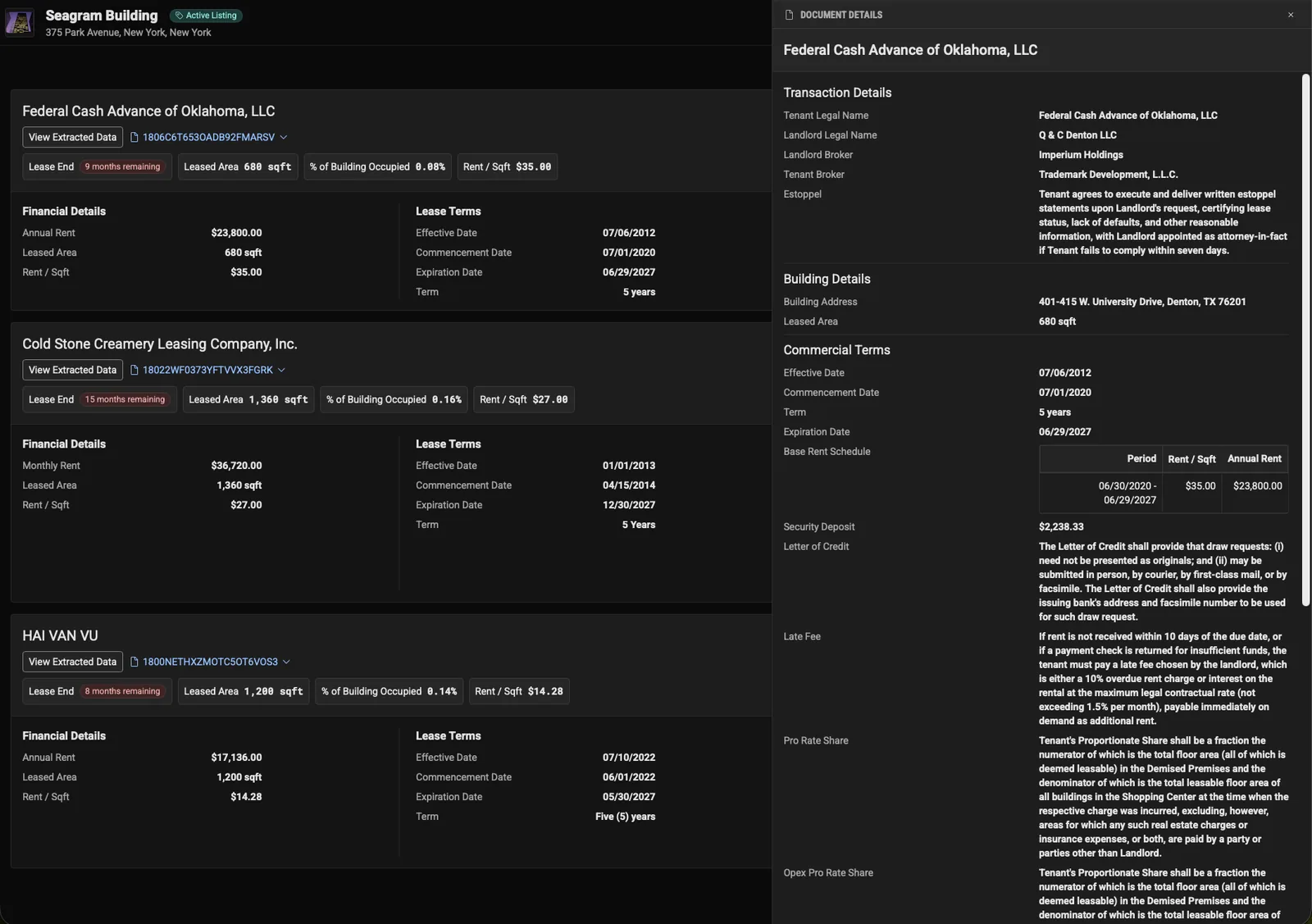 LightBox Live document intelligence: transaction details, property details and lease terms extracted from a lease and shown beside the source document.