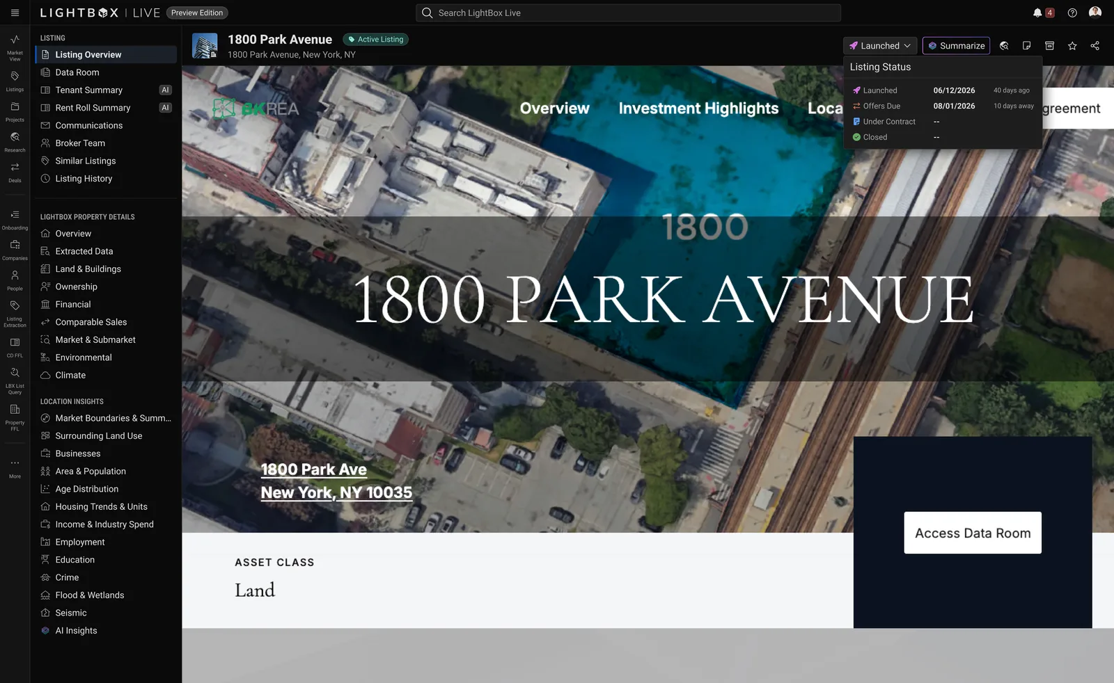 A LightBox Live listing for 1800 Park Avenue, New York, with the deal navigation and an Access Data Room button over an aerial photo of the site.