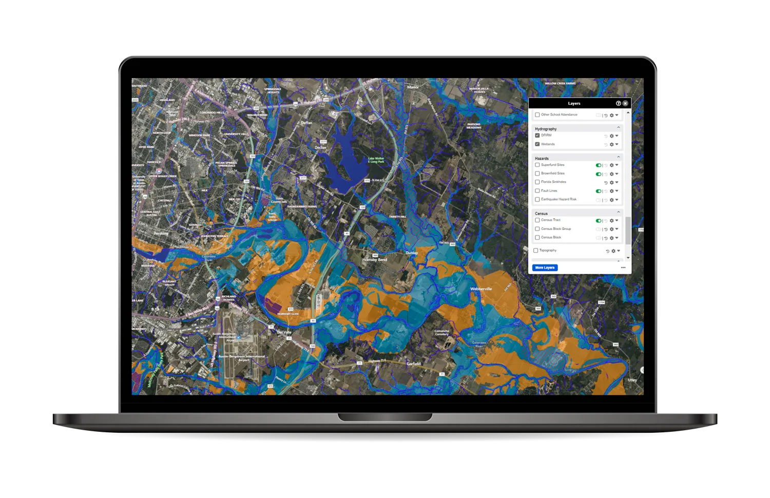 Flood, wetland and hazard layers drawn across a metropolitan area, with the LightBox layer panel open.