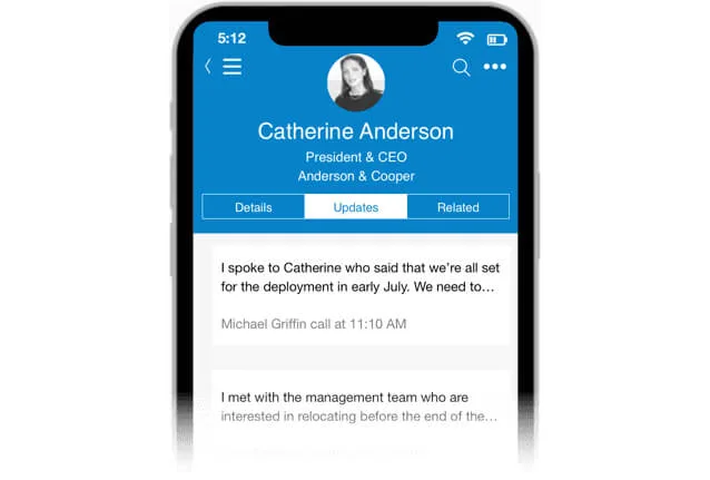 Mobile commercial real estate CRM app displaying contact updates and activity timeline