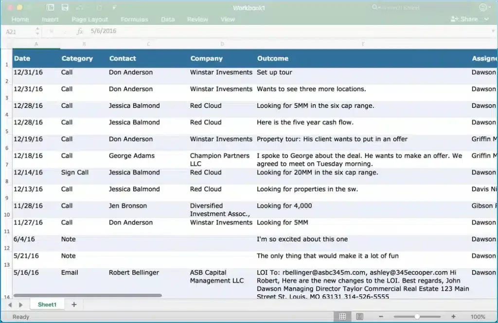 Real estate CRM software showing call logs, notes, and client communication history