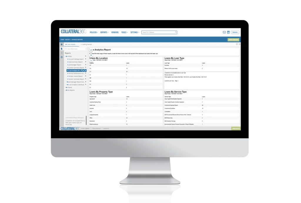 Collateral360 reporting on ordered third-party reports across a portfolio.