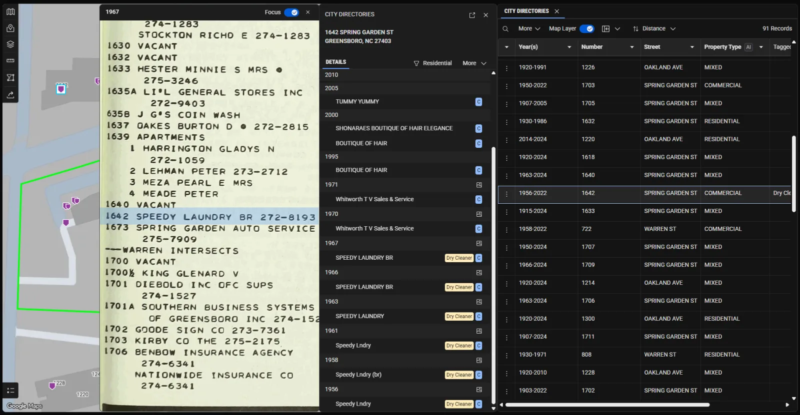 City directory records mapped to their addresses in LightBox Live.