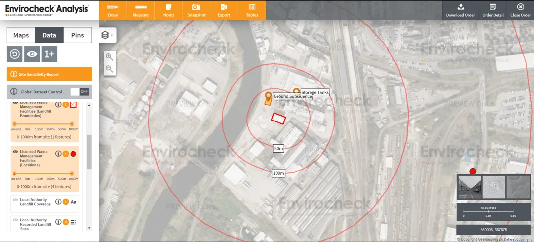 An Envirocheck report shown on screen beside its historical map and site sensitivity plots.