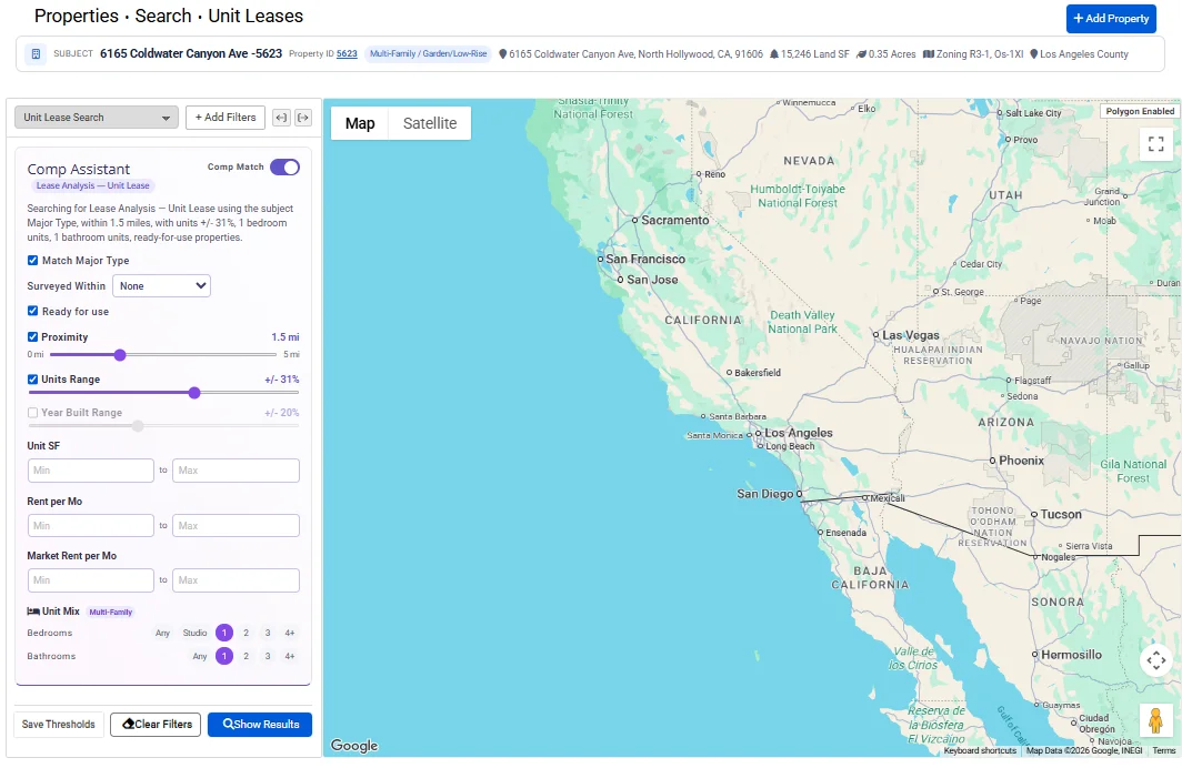 Comp Assistant in Report Writer: a unit lease search for a North Hollywood multi-family subject, with Comp Match on and its proximity, units range, unit mix and rent thresholds beside a map of the search area.