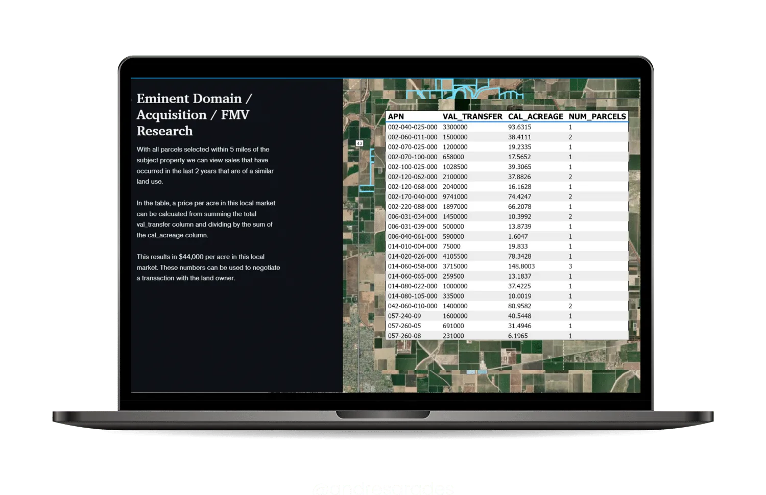 A LightBox eminent domain and fair market value study, with comparable parcel sales listed beside the map.