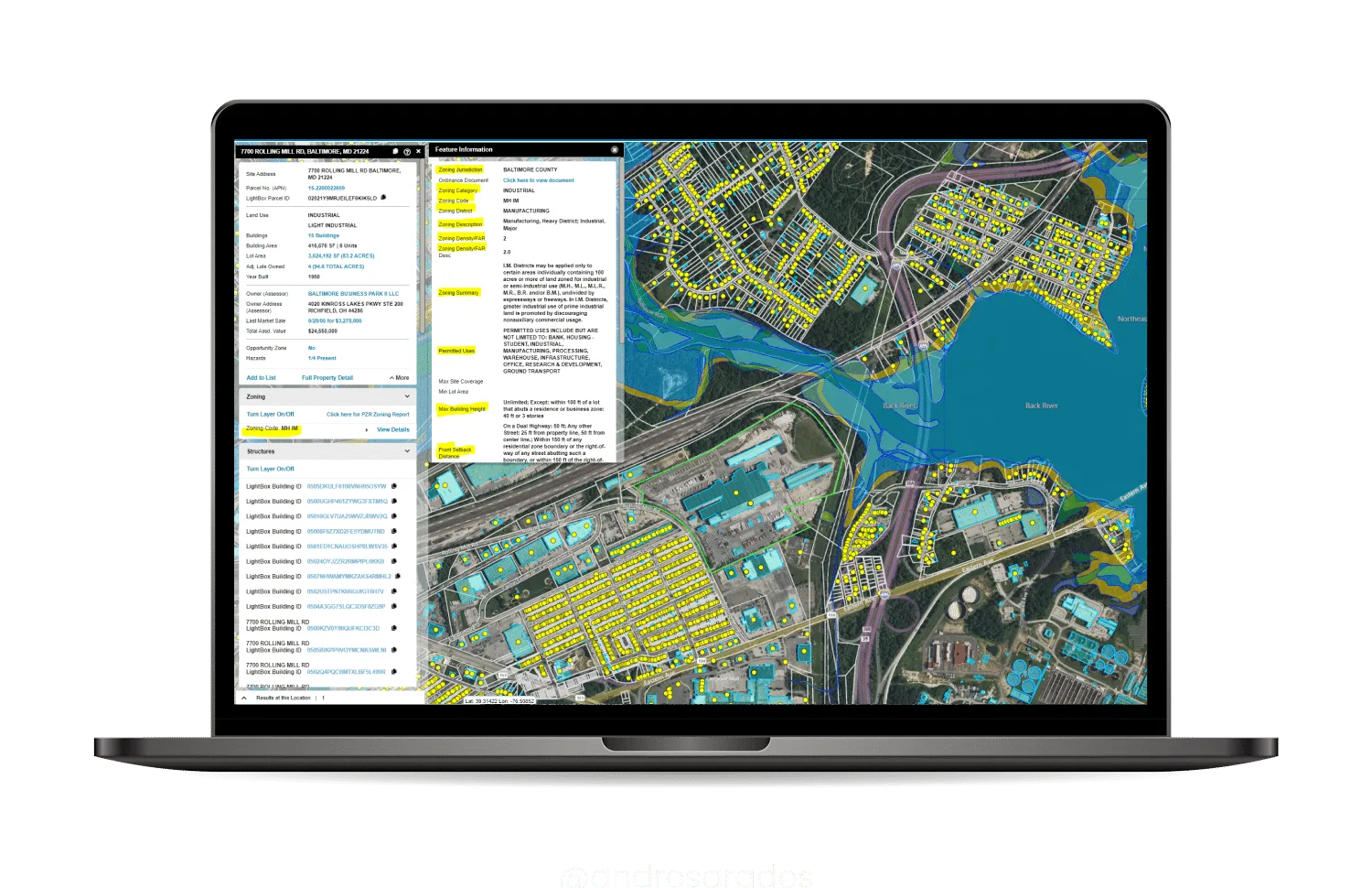 A LightBox property record open beside zoning details and a map of buildings and parcels.