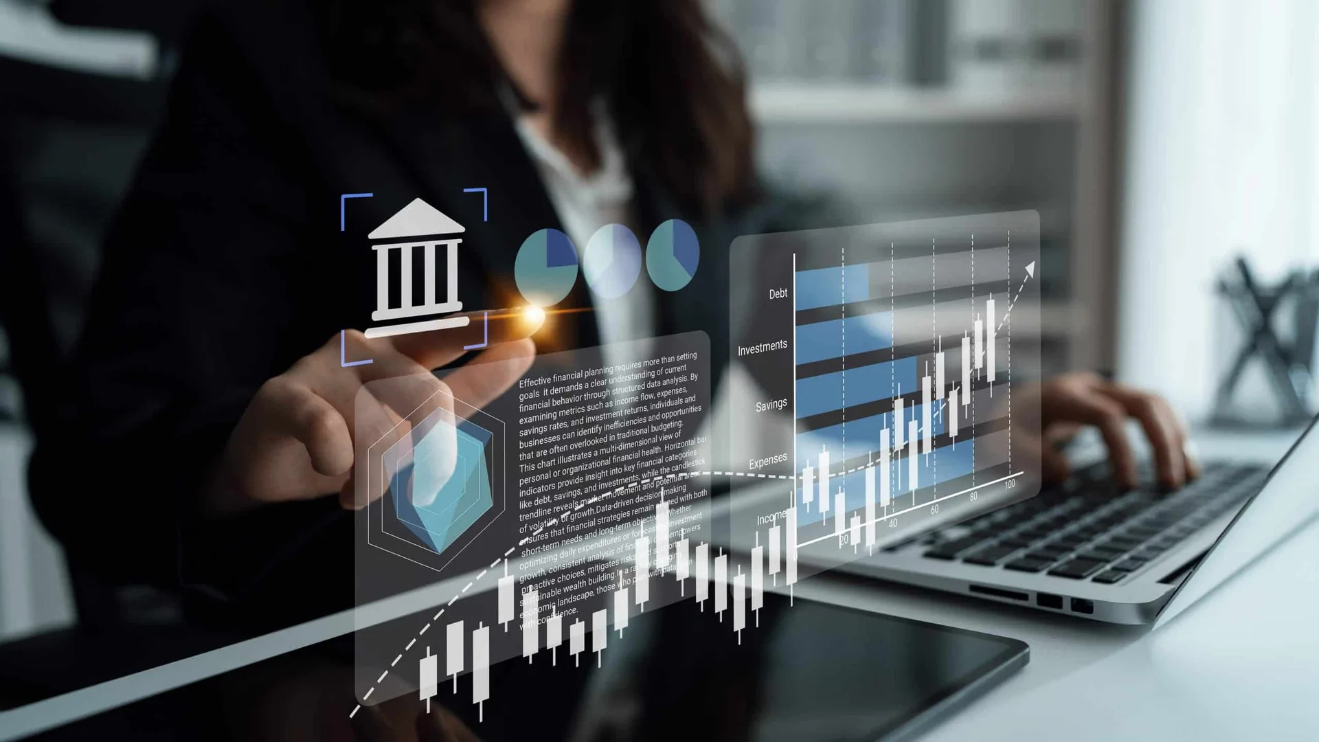 Businesswoman in a modern office interacting with digital financial data overlays representing analytics and financial metrics.
