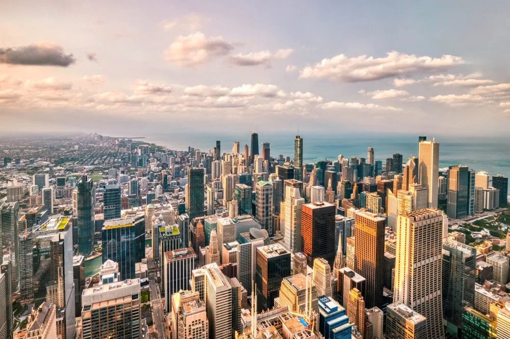 Chicago,Aerial,Skyline,View,At,Sunset,With,Clouds,,Illinois