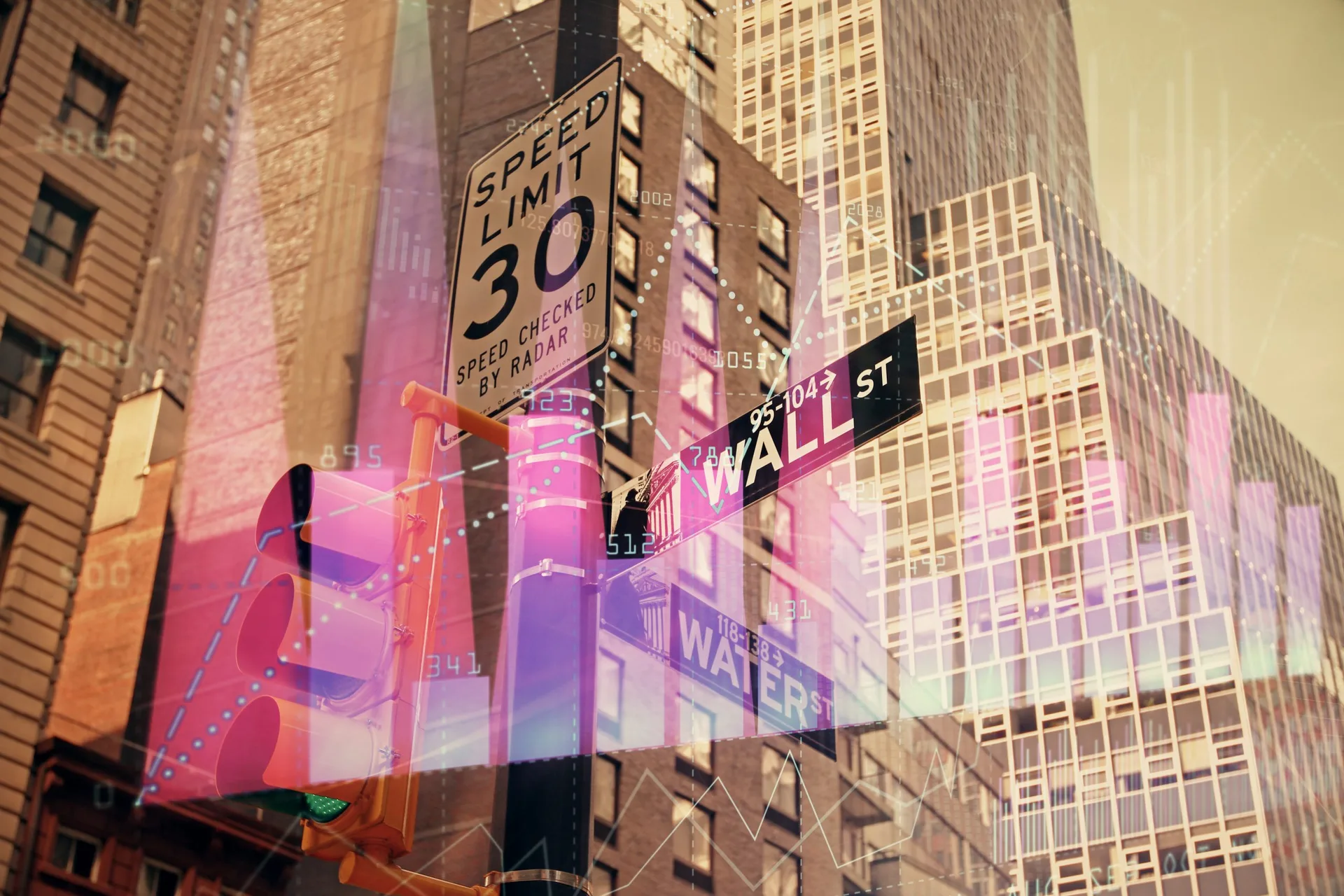 City skyline with overlaid financial candlestick and line charts representing market data against tall commercial buildings