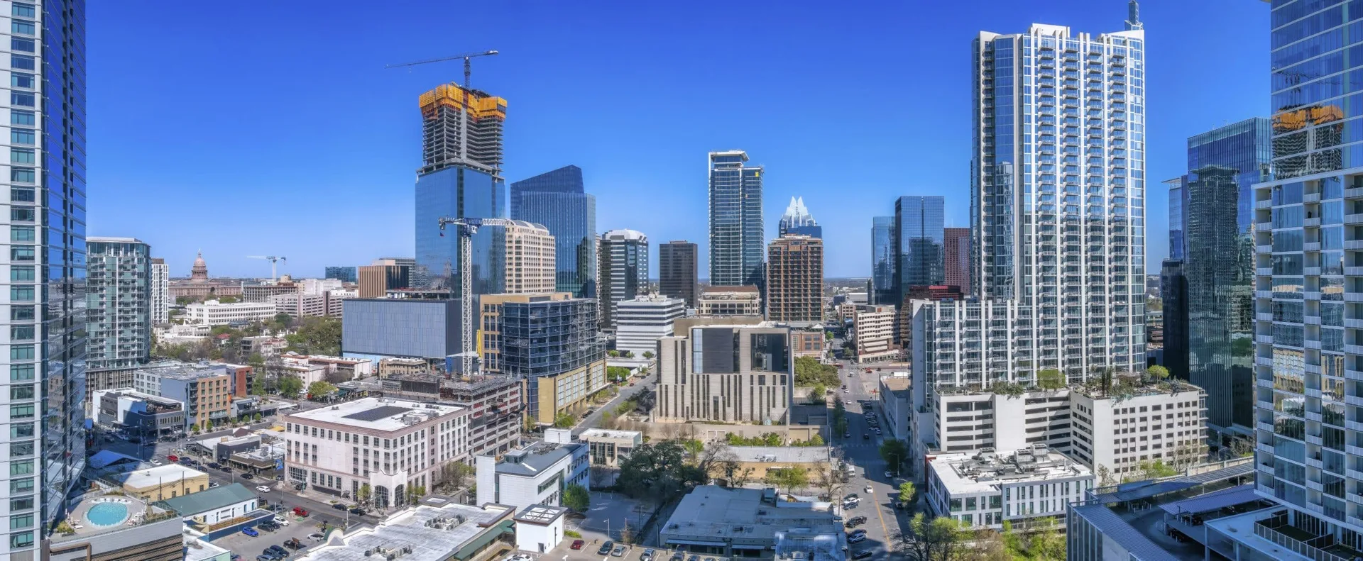 Austin, Texas cityscape against the clear blue sky