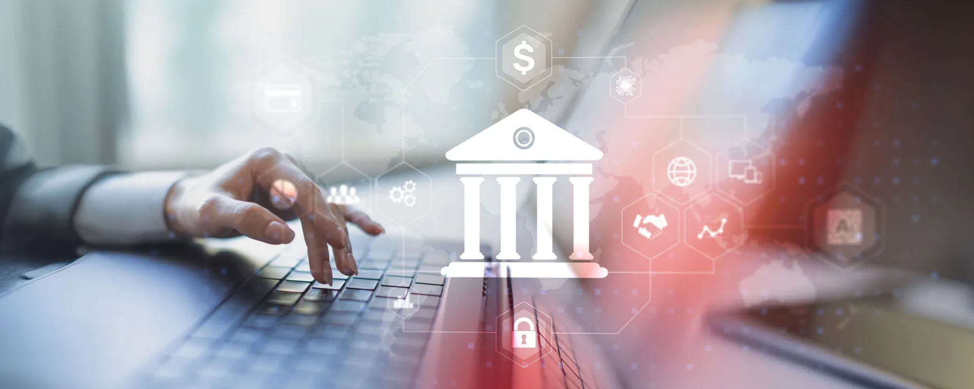 Interactive digital banking interface with financial data streams and abstract technology visuals, illustrating the role of structured financial data and analytics in driving insight — aligned with the CRE Activity Index’s data-driven signals of market activity.