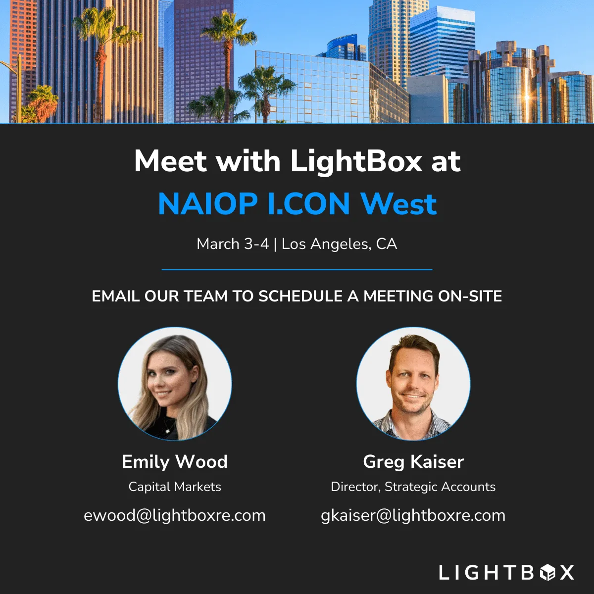 Meet with LightBox at NAIOP I.CON West in Los Angeles, CA from March 3-4, 2026
