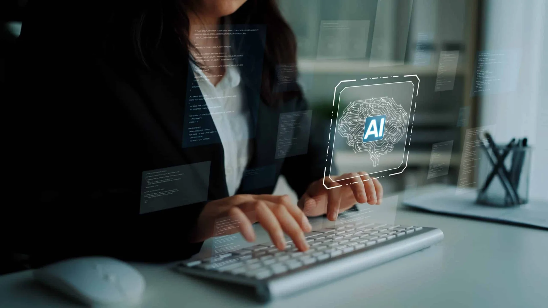 Abstract digital illustration of an AI brain and processor representing artificial intelligence and large language model technology.