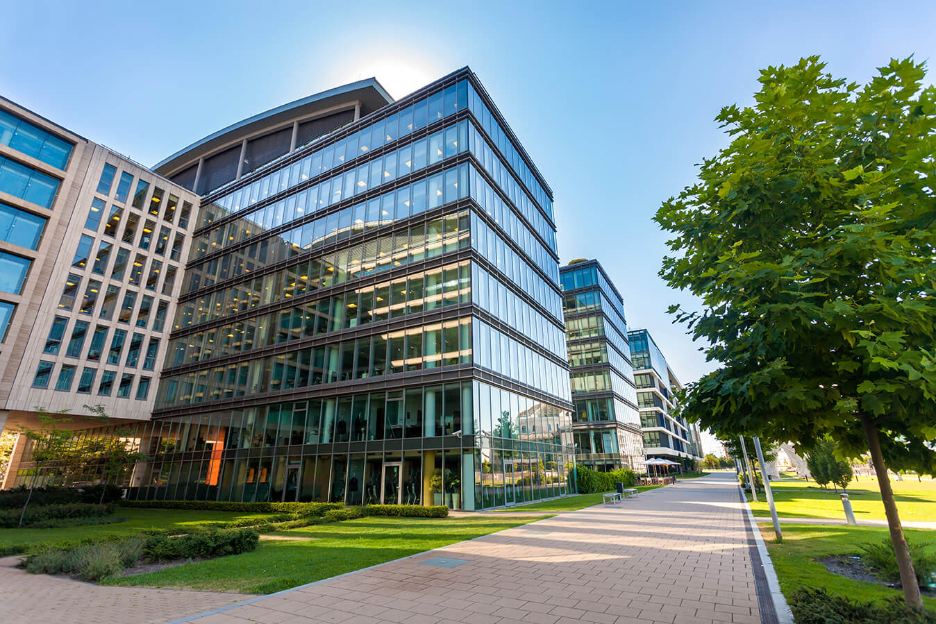 Modern buildings with a green pathway