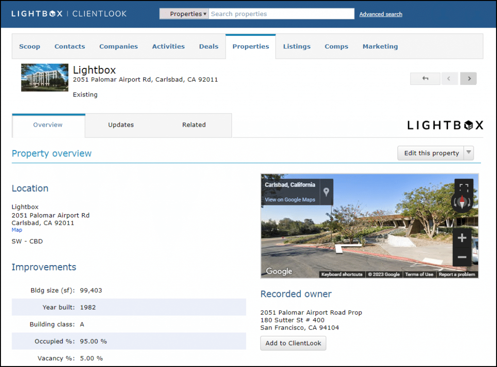 LightBox ClientLook property data screenshot