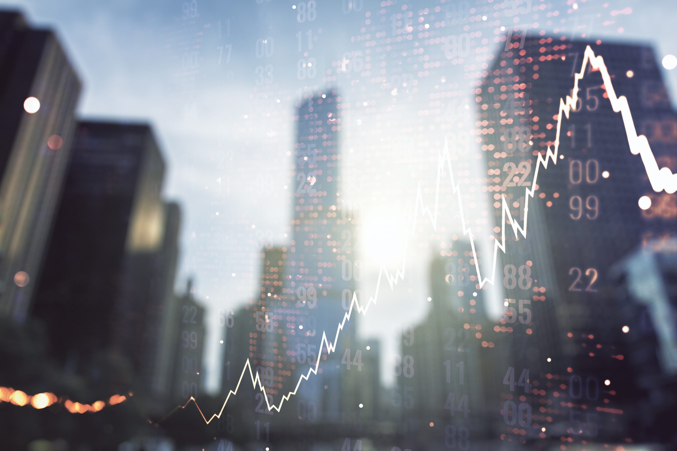 Abstract financial graph overlaid on a world map with lines and data points illustrating global market trends and volatility.