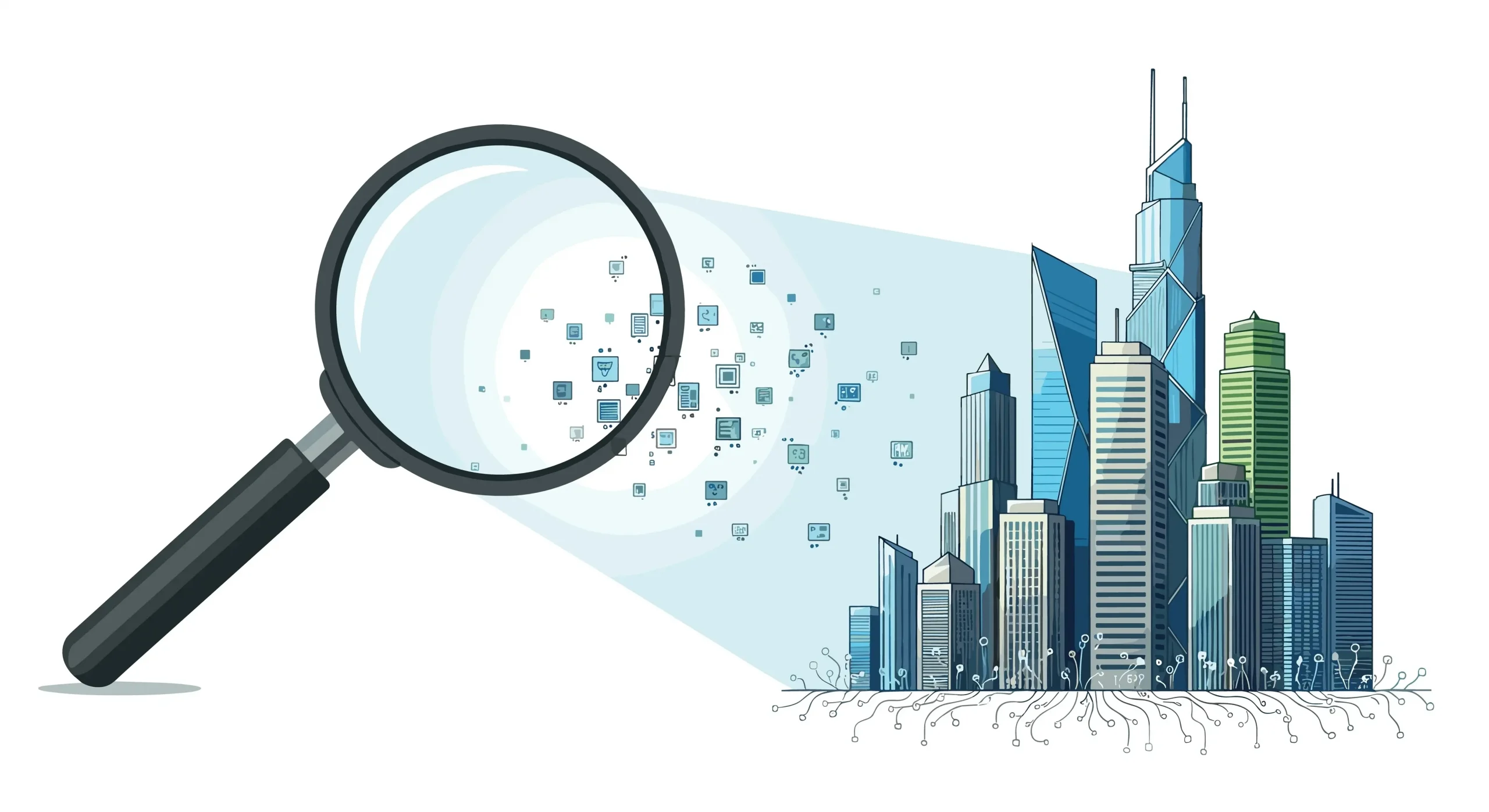 A magnifying glass focusing on a stream of data points and lines representing analysis and insight from complex information.